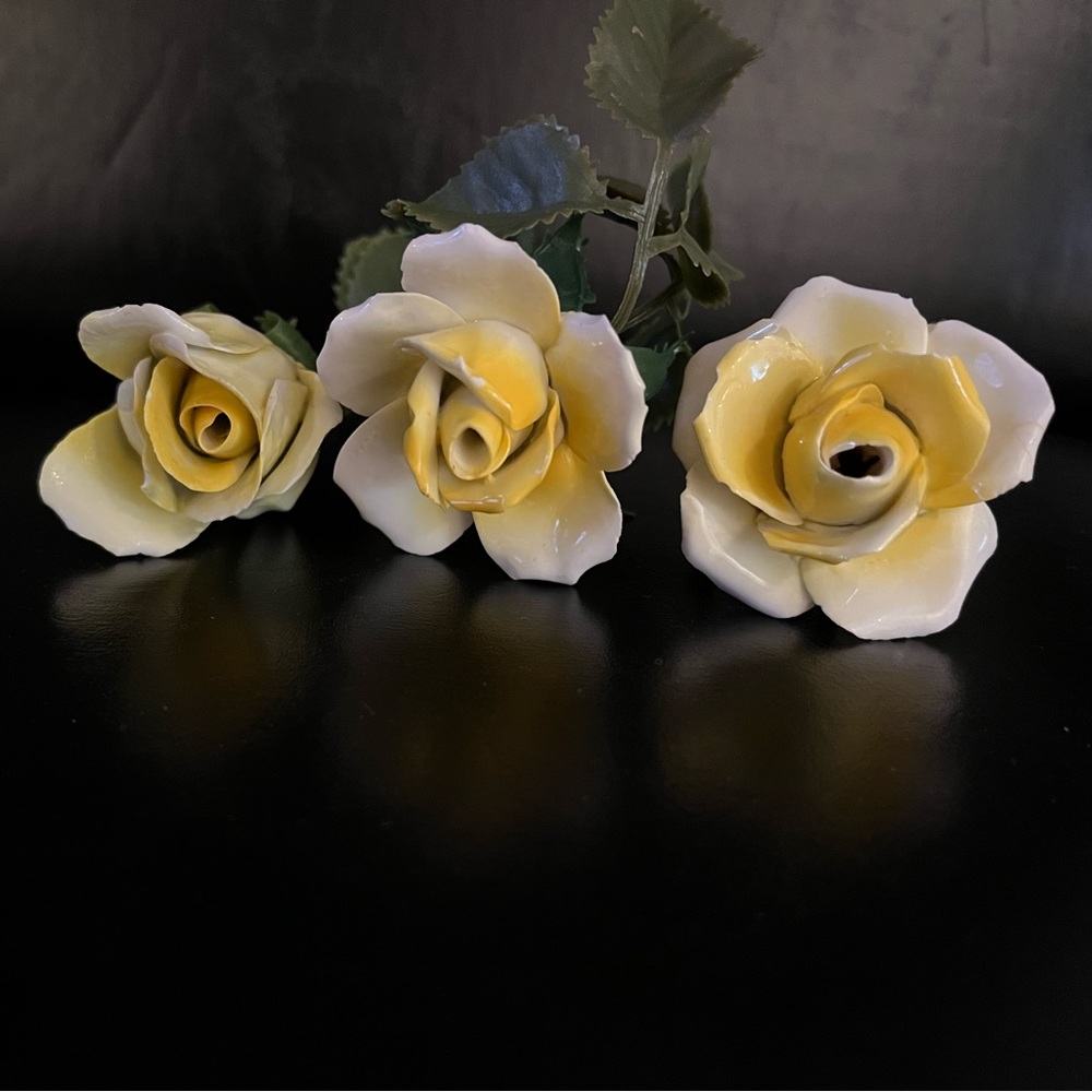 English bone china yellow roses. Set of three.